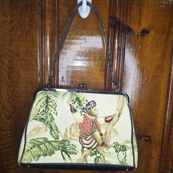 Vintage Farnine Satchel Bag Kisslock Tote Monkey Sequin - Picture 1 of 10